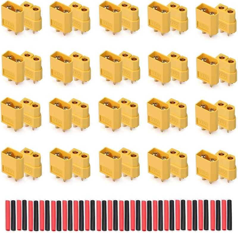 TMH 20 Pairs XT60 Connector XT-60 Male Female Bullet Connectors Plugs with 80 pcs Heat Shrink Tube for RC Lipo Battery Car Boat (20 Male+20 Female) - Image 1